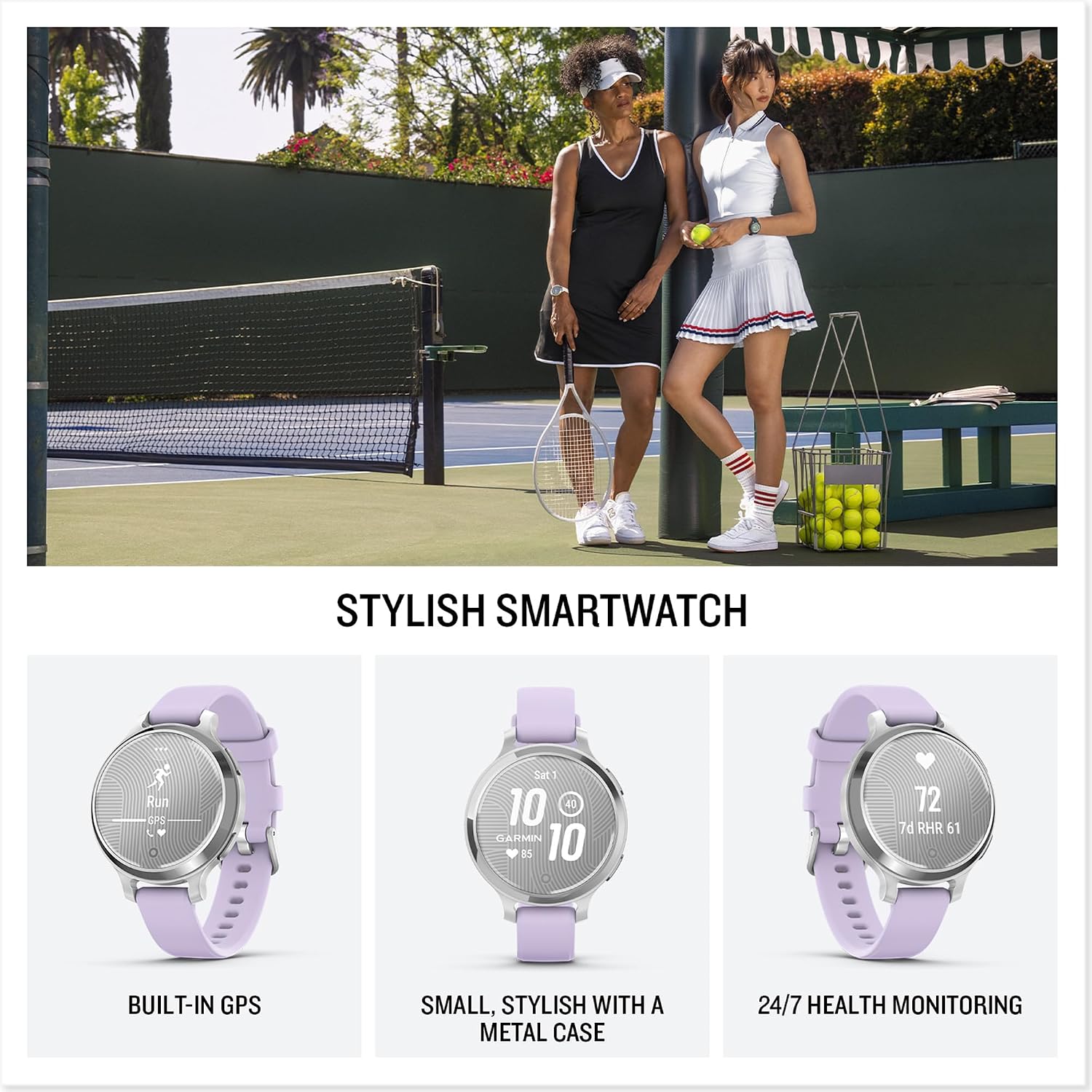 Lily 2 38mm GPS smartwatch stylish smaller watch, fitness tracker with hidden display sports appspatterned lens bright touchscreen display up to 9 days battery life, Active Purple Jasmine