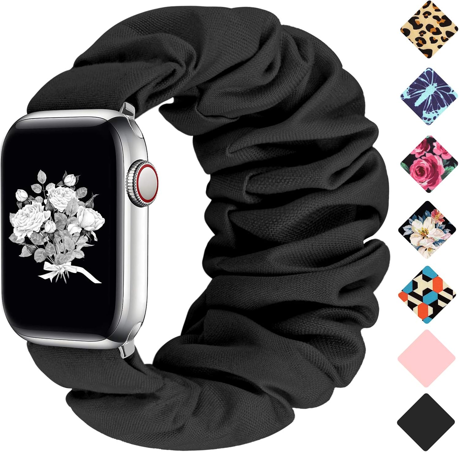 Scrunchie Band Compatible with Apple Watch Bands 38mm 40mm 41mm 42mm 44mm 45mm 46mm 49mm Women, Elastic Scrunchie Watch Strap for iWatch Watch Series 11 10 9 8 7 6 5 4 3 2 1 SE 3 2 Ultra 3 2 Black 38/40/41mm/(42mm-Series 11 10)-S/M