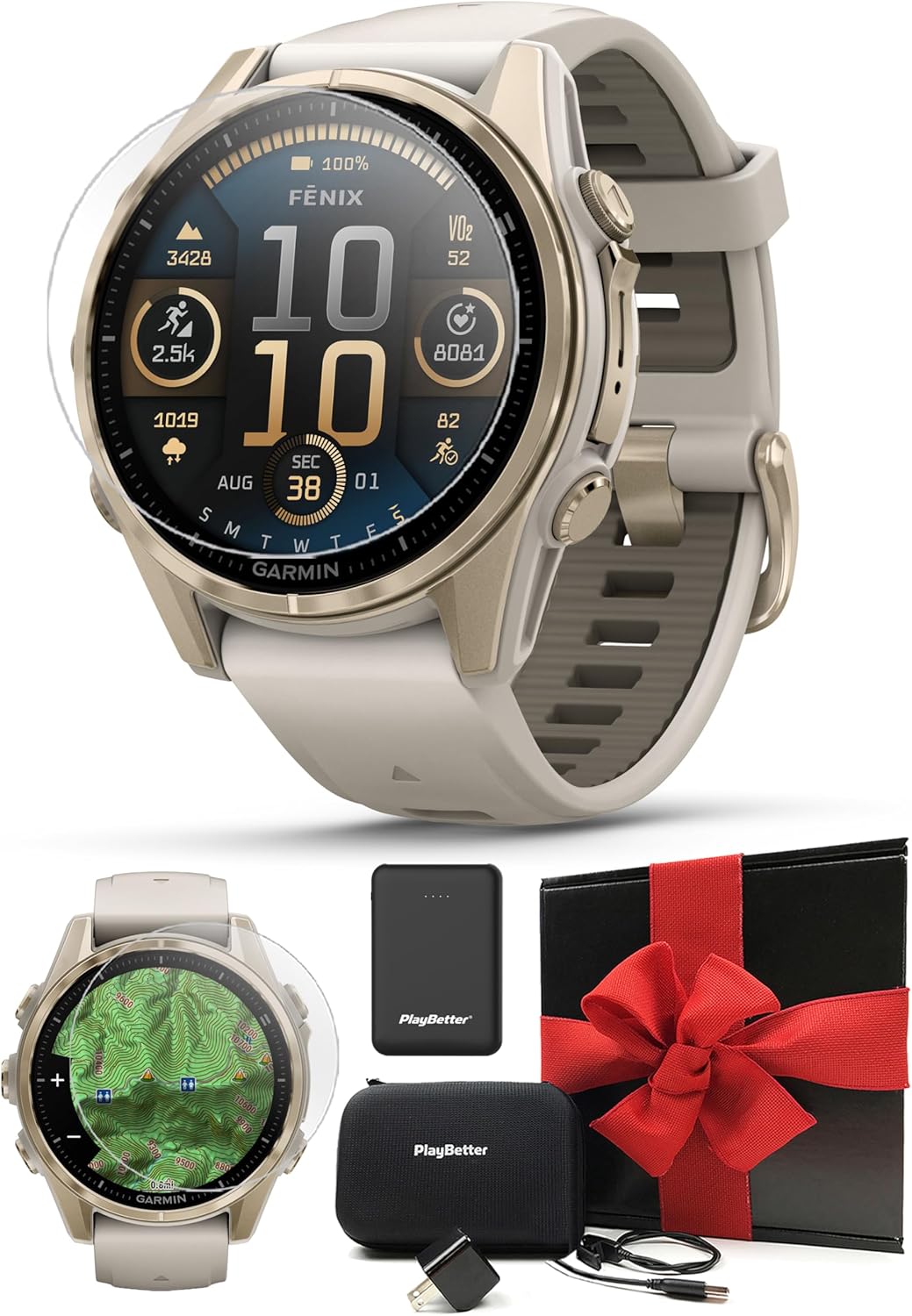 Garmin Fenix 8 AMOLED Sapphire (43mm, Soft Gold/Dark Sandstone) Multisport GPS Smartwatch Gift Box Bundle - 1.3" Touchscreen, Built-in LED Flashlight with PlayBetter Charger, Screens, Adapter, Case 43mm AMOLED Sapphire (Soft Gold/Dark Sandstone)