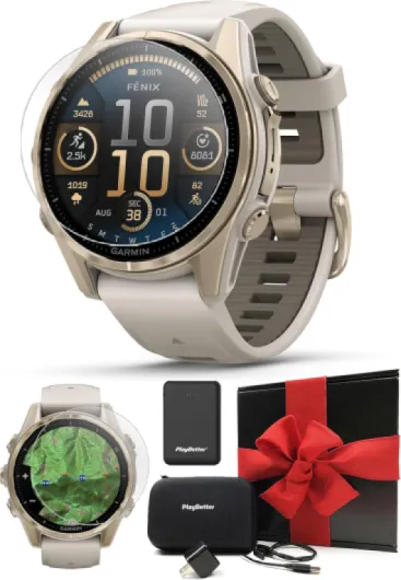 Garmin Fenix 8 AMOLED Sapphire (43mm, Soft Gold/Dark Sandstone) Multisport GPS Smartwatch Gift Box Bundle - 1.3" Touchscreen, Built-in LED Flashlight with PlayBetter Charger, Screens, Adapter, Case 43mm AMOLED Sapphire (Soft Gold/Dark Sandstone)