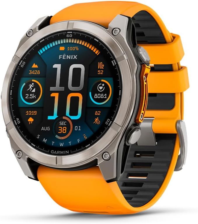 Fēnix® 8 – 51 mm, AMOLED, Sapphire, Premium Multisport GPS Smartwatch, Long-Lasting Battery Life, Dive-Rated, Built-in LED Flashlight, Titanium with Spark Orange/Graphite Band 51 mm fenix 8 - AMOLED Titanium with Orange/Graphite Band