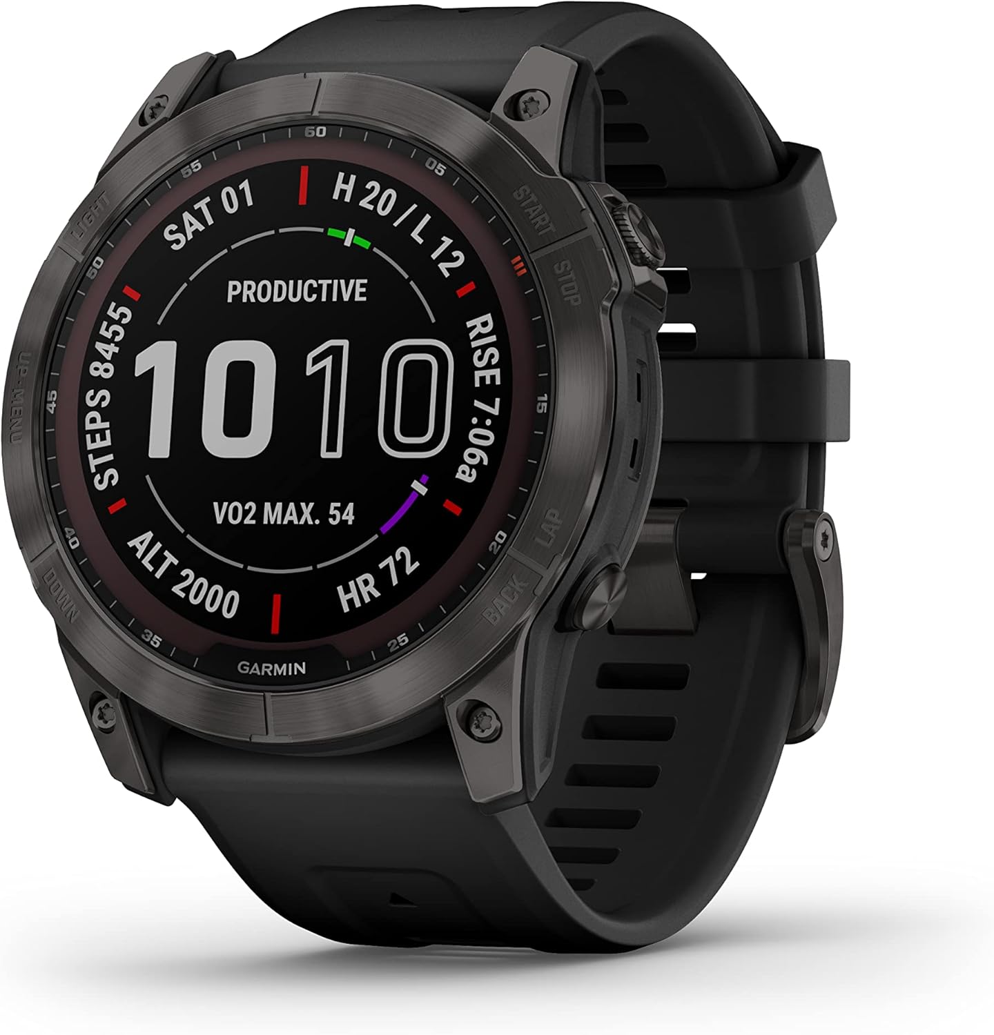 Fenix 7X Sapphire Solar, Larger Adventure smartwatch, with Solar Charging Capabilities, Rugged Outdoor Watch with GPS, Touchscreen, Wellness Features, Carbon Gray DLC Titanium with Black Band Carbon Gray DLC Titanium w/ Black Band Sport Smartwatch