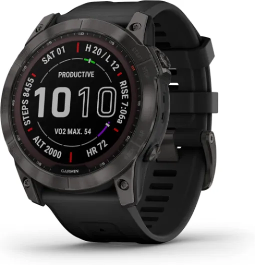 Fenix 7X Sapphire Solar, Larger Adventure smartwatch, with Solar Charging Capabilities, Rugged Outdoor Watch with GPS, Touchscreen, Wellness Features, Carbon Gray DLC Titanium with Black Band Carbon Gray DLC Titanium w/ Black Band Sport Smartwatch
