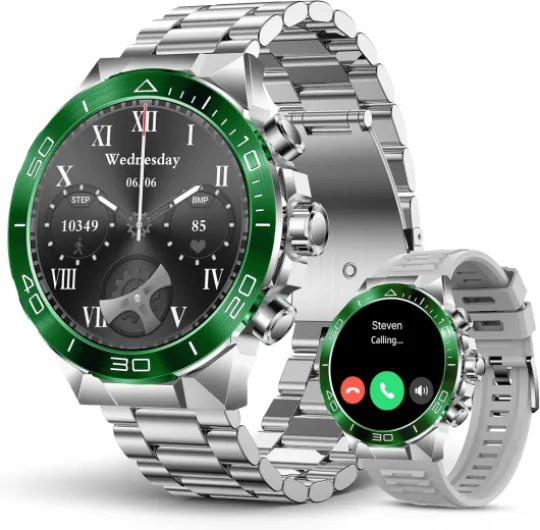 Military Rugged Smart Watch for Men, AMOLED 1.43" HD Screen, Bluetooth Call Answer/Make, Blood Oxygen/Heart Rate/Sleep Tracker, 7-30 Day Battery, Waterproof Fitness Tracker for iOS Android Silver+Green