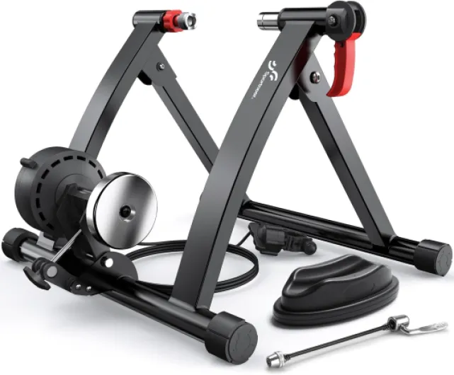 Bike Trainer - Magnetic Stationary Bike Stand for 26-28" & 700C Wheels - Adjustable 6 Level Resistance Bike Trainer Stand for Indoor Riding with Quick Release Lever & Front Wheel Riser Block Black