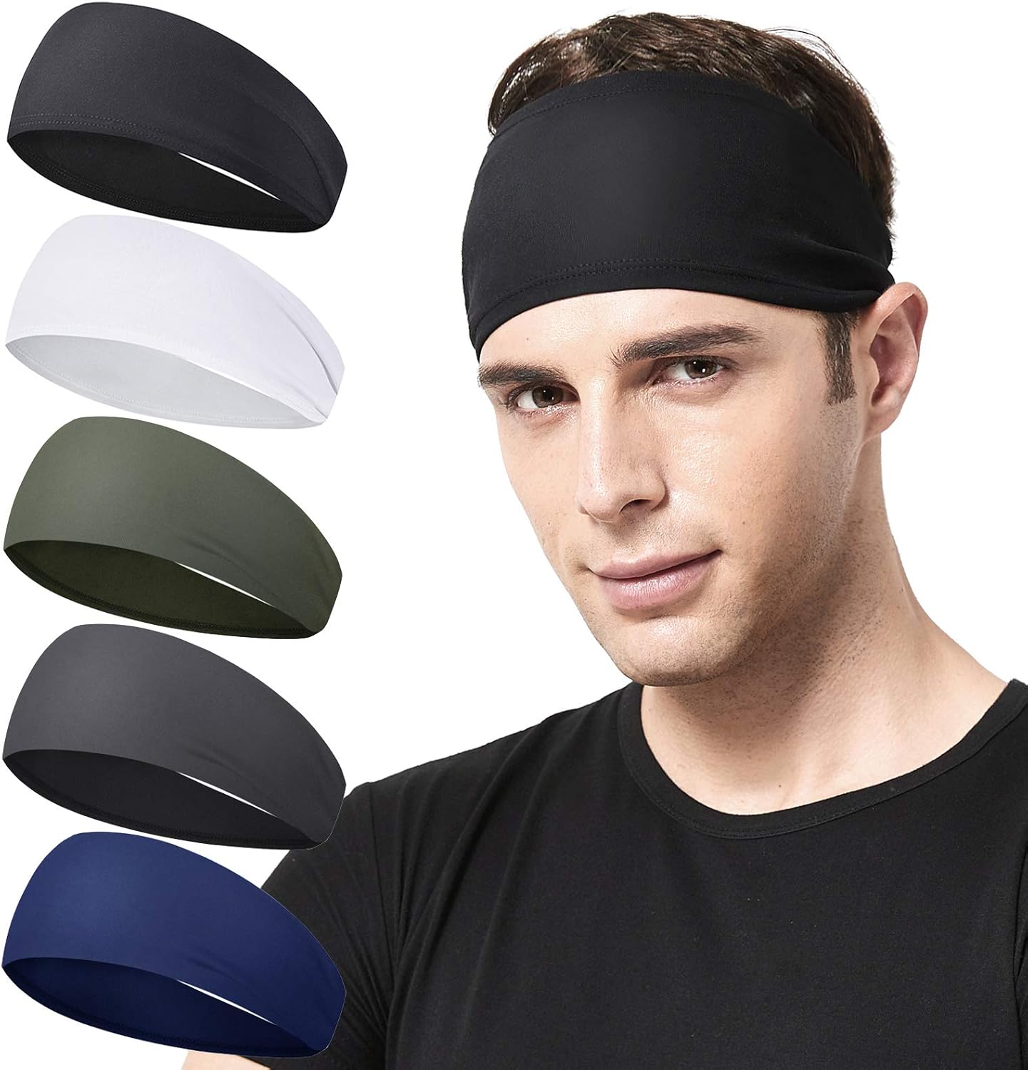 Mens Running Headband,5Pack,Mens Sweatband Sports Headband for Running,Cycling,Basketball,Yoga,Fitness Workout Stretchy Unisex Hairband Black,white, green, Dark gray, Dark blue