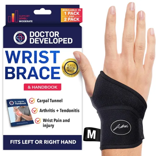 Doctor Developed Wrist Brace, Wrist Wraps for Carpal Tunnel Arthritis, Tendonitis, Hand Support, Ideal for Fitness, Weightlifting - Handbook Included (Wrist Brace 1 Pack) Wrist Brace - Medium