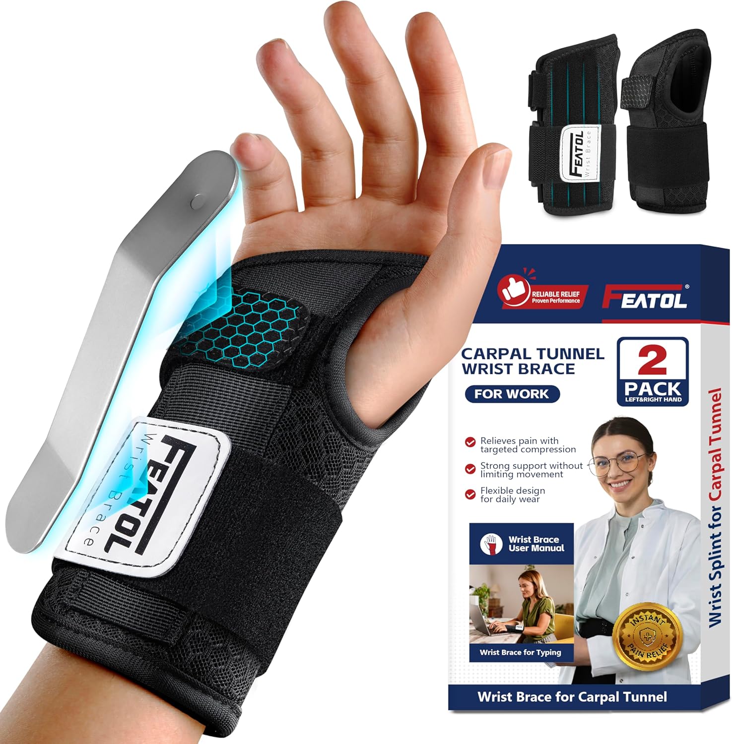 2 Pack Carpal Tunnel Wrist Brace For Work With Wrist Splint, 6.5'' Hand Brace Night Support For Women Men, Pain Relief For Tendonitis, Arthritis, Pregnancy, Typing, Right and Left Hand, Large Large 2 Pack (R and L)-Black.