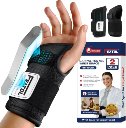 2 Pack Carpal Tunnel Wrist Brace For Work With Wrist Splint, 6.5'' Wrist Brace Night Support For Women Men, Pain Relief For Tendonitis, Arthritis, Pregnancy, Typing, Right and Left Hand, Medium Medium 2 Pack (R and L)-Black.