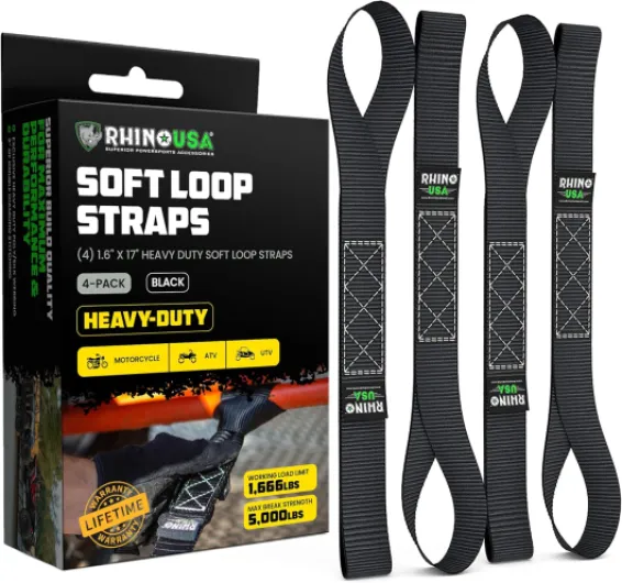 Soft Loop Tie Down Straps (4-Pack) - 1.6 Inch x 17 Inch (5,000 lbs Break Strength) Heavy Duty Motorcycle Handlebar Straps for use with Ratchets for ATV, UTV, Dirt Bike (Black) Black 4-Pack.