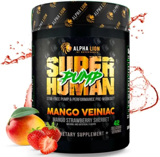 Superhuman Pump Pre Workout Powder, Nootropic Caffeine & Stim Free Preworkout Supplement, Nitric Oxide Booster, Muscle Gainer, Energy & Focus (42 Servings, Mango Veiniac Flavor) Mango Veiniac - Mango Strawberry Sherbet