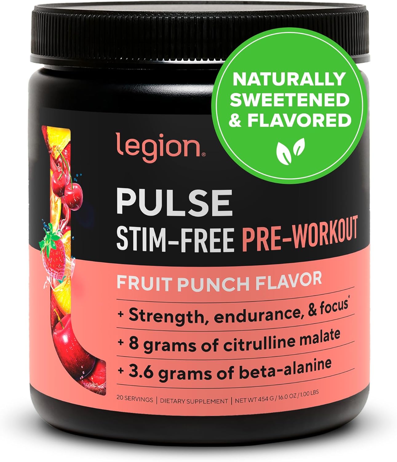 Pulse Pre Workout Supplement - All Natural Nitric Oxide Preworkout Drink to Boost Energy, Creatine Free, Naturally Sweetened, Beta Alanine, Citrulline, Alpha GPC (Caffeine Free Fruit Punch)