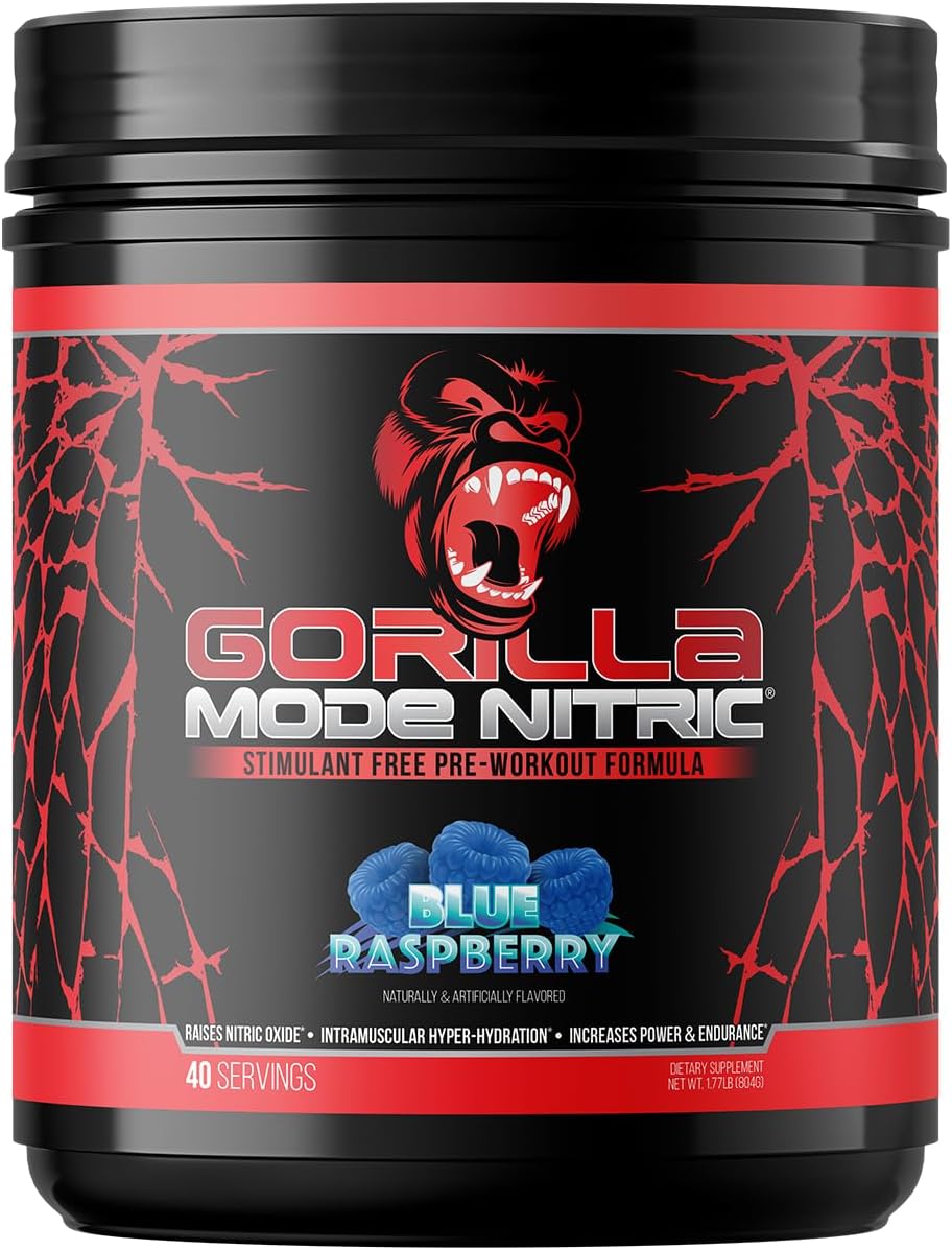 Gorilla Mode Nitric Upgraded Stimulant Free Pre-Workout – Best Tasting and Most Effective Stimulant Free Pre-Workout/Massive Pumps · Vasodilation · Power / 804 Grams (Blue Raspberry)