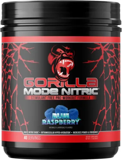 Gorilla Mode Nitric Upgraded Stimulant Free Pre-Workout – Best Tasting and Most Effective Stimulant Free Pre-Workout/Massive Pumps · Vasodilation · Power / 804 Grams (Blue Raspberry)