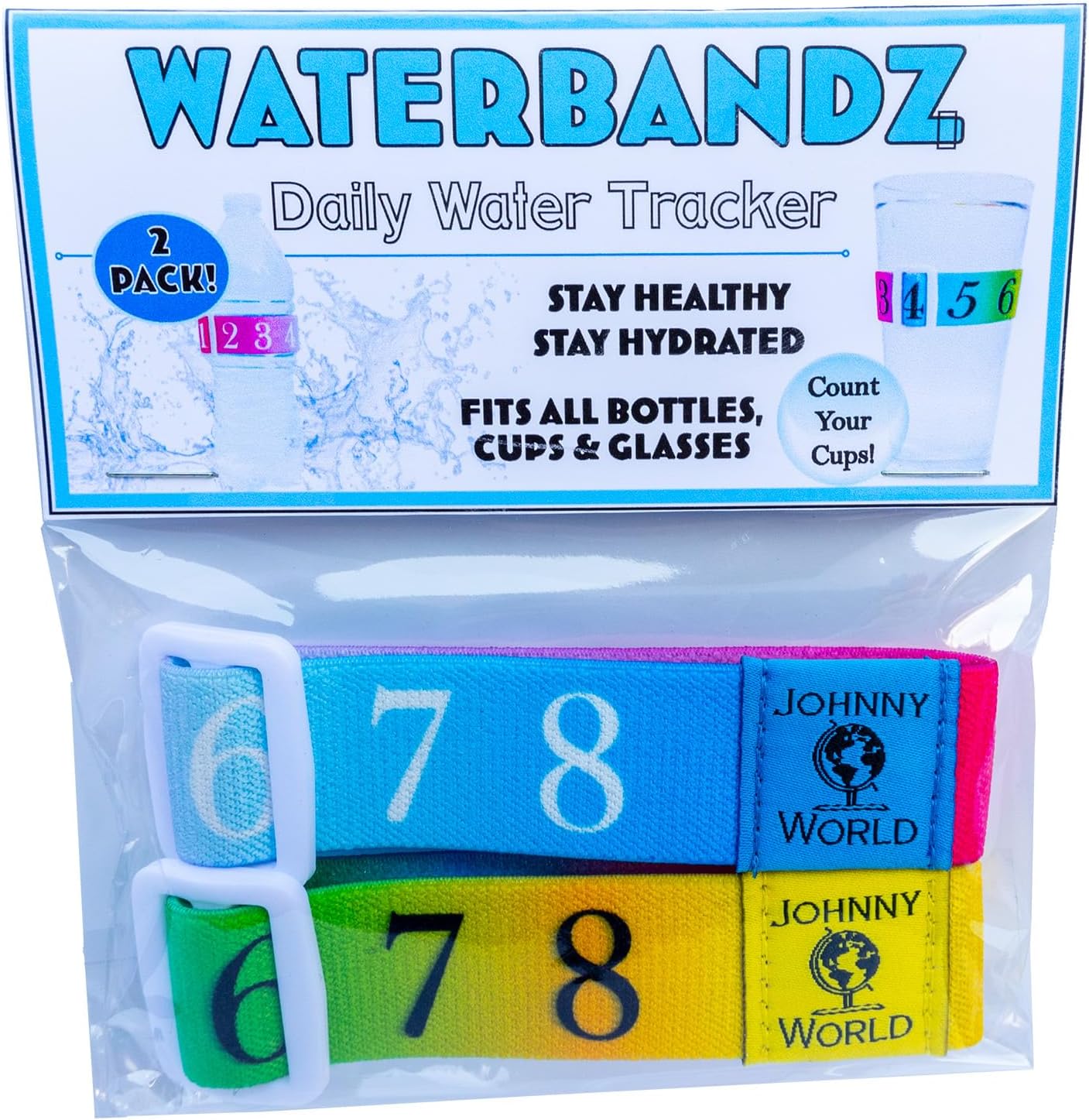 WaterBandz - Stay Hydrated: Elastic Fabric Bands Make your Daily Water Intake Simple and Fun! Universal size for Water Bottles, Cups, and Glasses with Movable Counting Frame – Stay Hydrated All Day!
