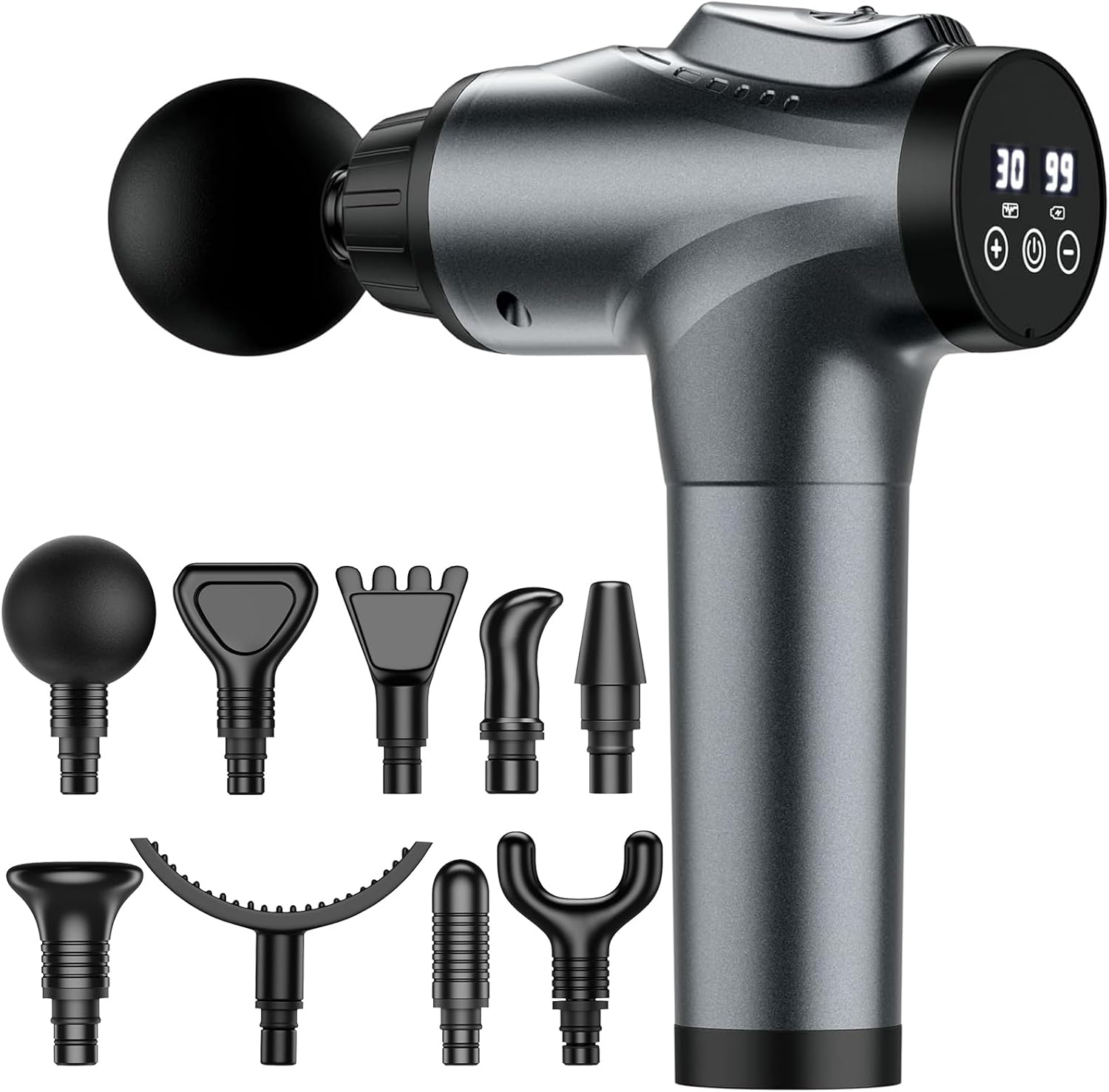 Massage Gun, Muscle Massage Gun for Athletes Handheld Electric Deep Tissue Back Massager, Percussion Massage Device for Pain Relief with 30 Speed Levels 9 Heads Grey