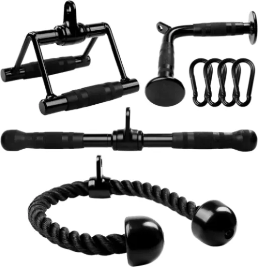 Cable Machine Attachment, Row Handles, Tricep Rope, Straight Bar, V Bar, LAT Pulldown Accessories Load 880 LB for Home Gym G - (Black) Tricep Rope + Double D + Straight Bar + V Bar