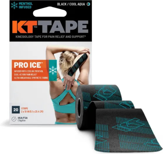 , Pro Ice, Menthol Infused Kinesiology Tape, 20 Count, 10" Precut Strips, Black