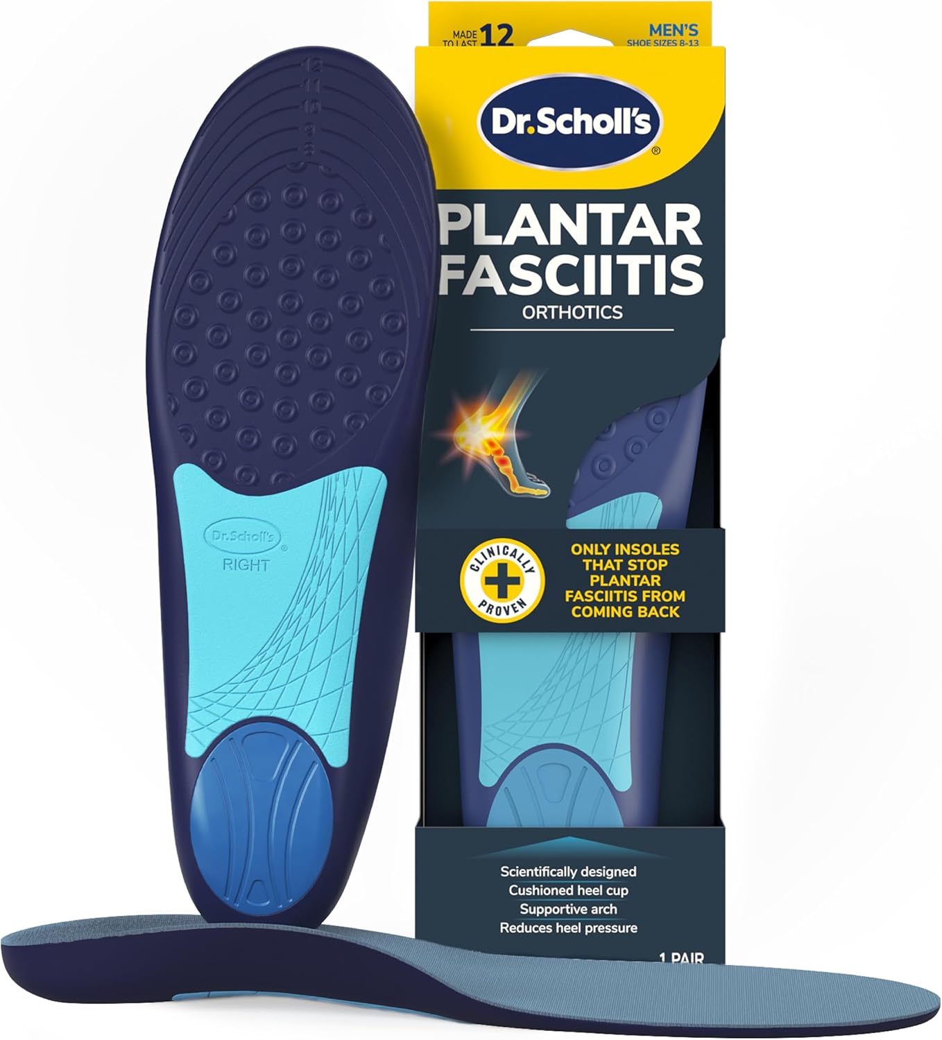 Dr - Scholl’s Plantar Fasciitis Pain Relief Orthotic Insoles, Immediately Relieves Pain: Heel, Spurs, Arch Support, Distributes Foot Pressure, 1 Pair Men's Insole Men's Size 8-13