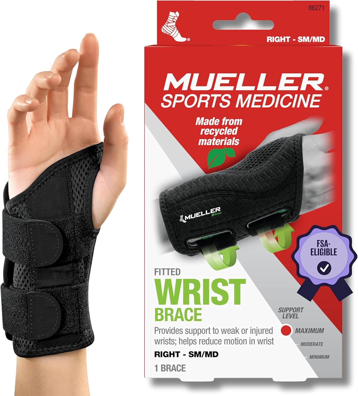 Sports Medicine Green Fitted Wrist Brace for Men and Women, Wrist Pain Relief Support, Ideal for Carpal Tunnel, Tendonitis, Arthritis, Black Right Small/Medium (Pack of 1)