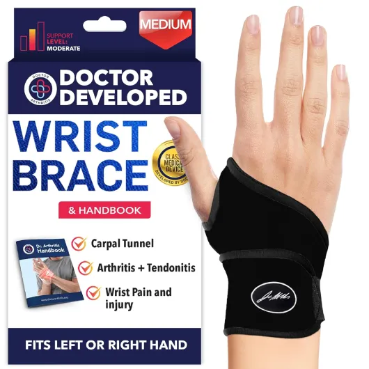 Doctor Developed Wrist Brace, Wrist Wraps for Carpal Tunnel Arthritis, Tendonitis, Hand Support, Ideal for Fitness, Weightlifting - Handbook Included (Wrist Brace 1 Pack) Wrist Brace - Medium