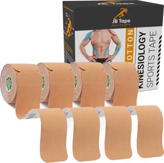 JB Tape Kinesiology Tape – 80 Precut 10-Inch Strips – Beige – Elastic, Latex-Free, Water Resistant – Athletic Muscle & Joint Support – 4 Rolls Beige Neutral