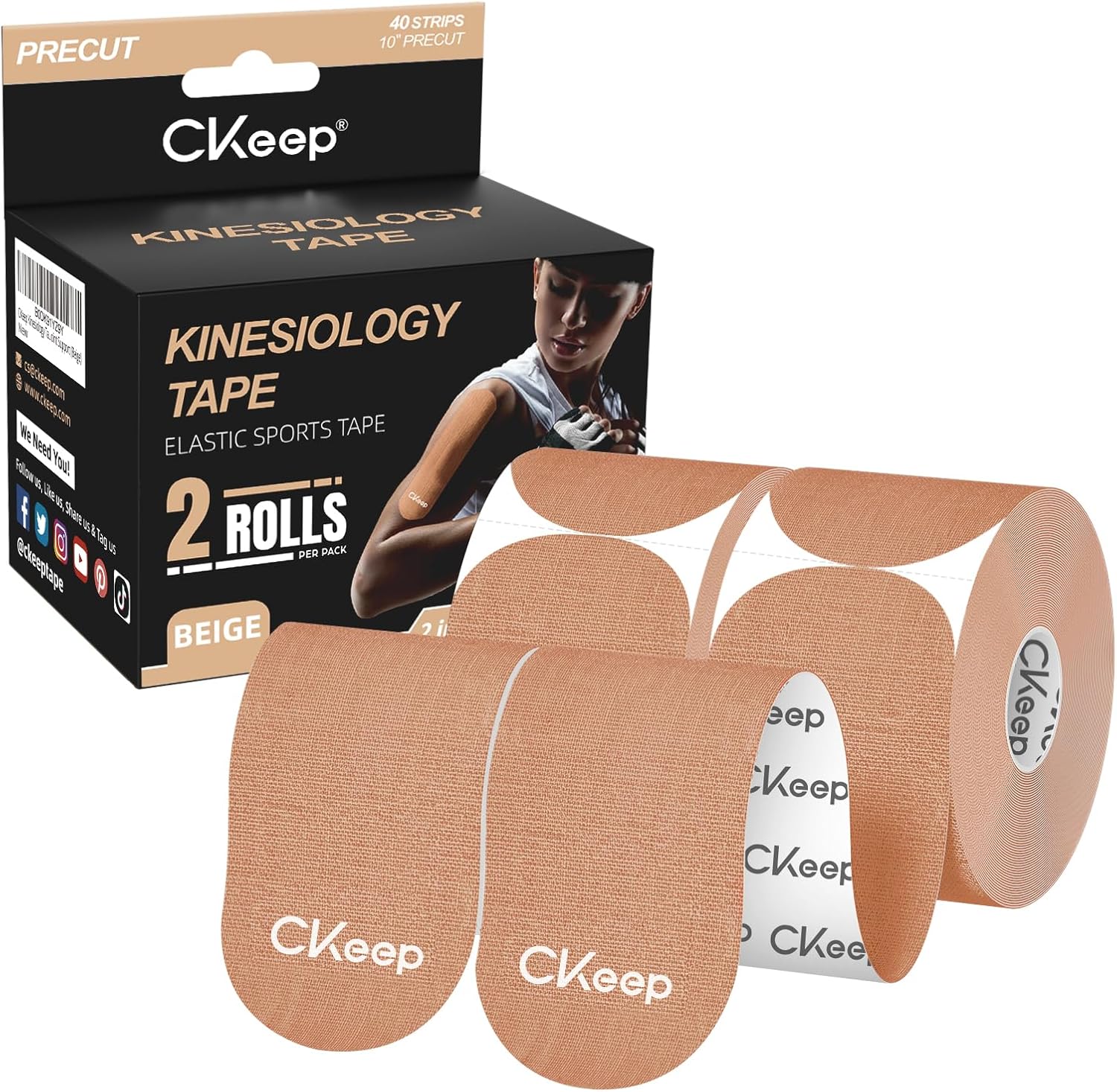 Kinesiology Tape, 2 Rolls Cotton Latex Free Hypoallergenic Elastic Precut Strips, 2 Inch Wide Waterproof Athletic Tape for Knees Pain Injuries Sprains, Beige
