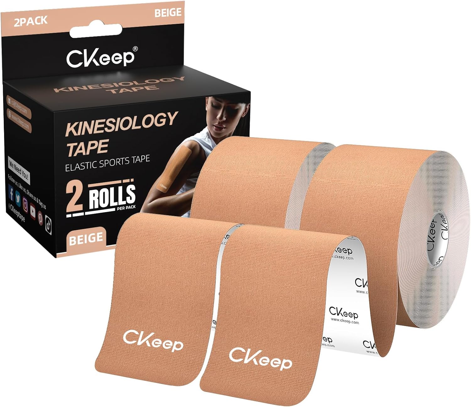 Kinesiology Tape, Uncut 2 Rolls, Original Cotton Elastic Premium Athletic Tape,Latex Free Hypoallergenic, 2inch x 16ft, Begie Beige