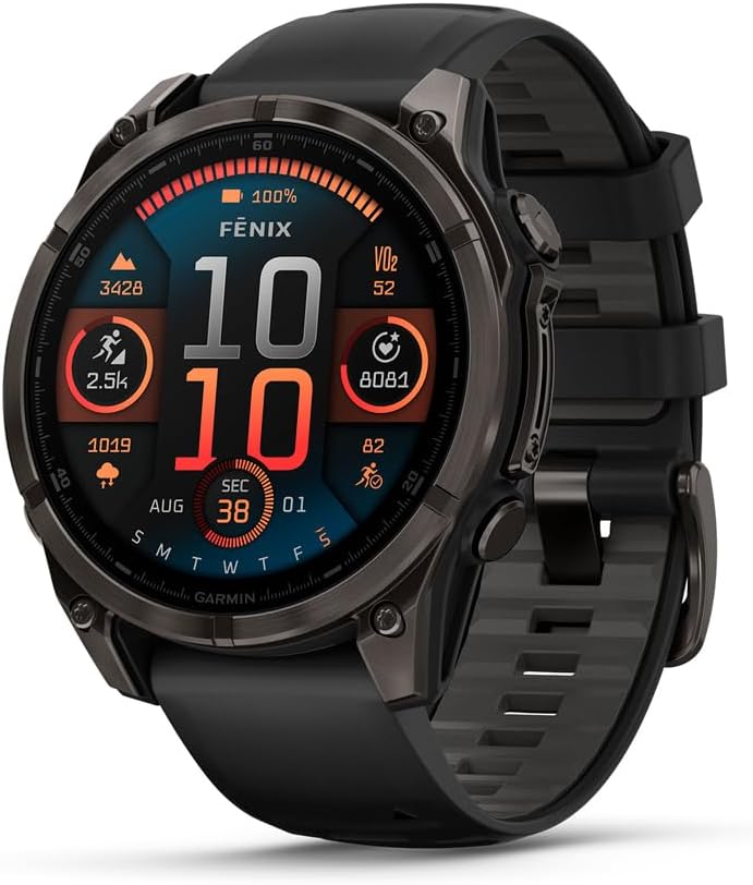 Fēnix® 8 – 47 mm, AMOLED, Sapphire, Premium Multisport GPS Smartwatch, Long-Lasting Battery Life, Dive-Rated, Built-in LED Flashlight, Carbon Gray DLC Titanium with Pebble Gray Band 47 mm fenix 8 - AMOLED Titanium with Gray Band