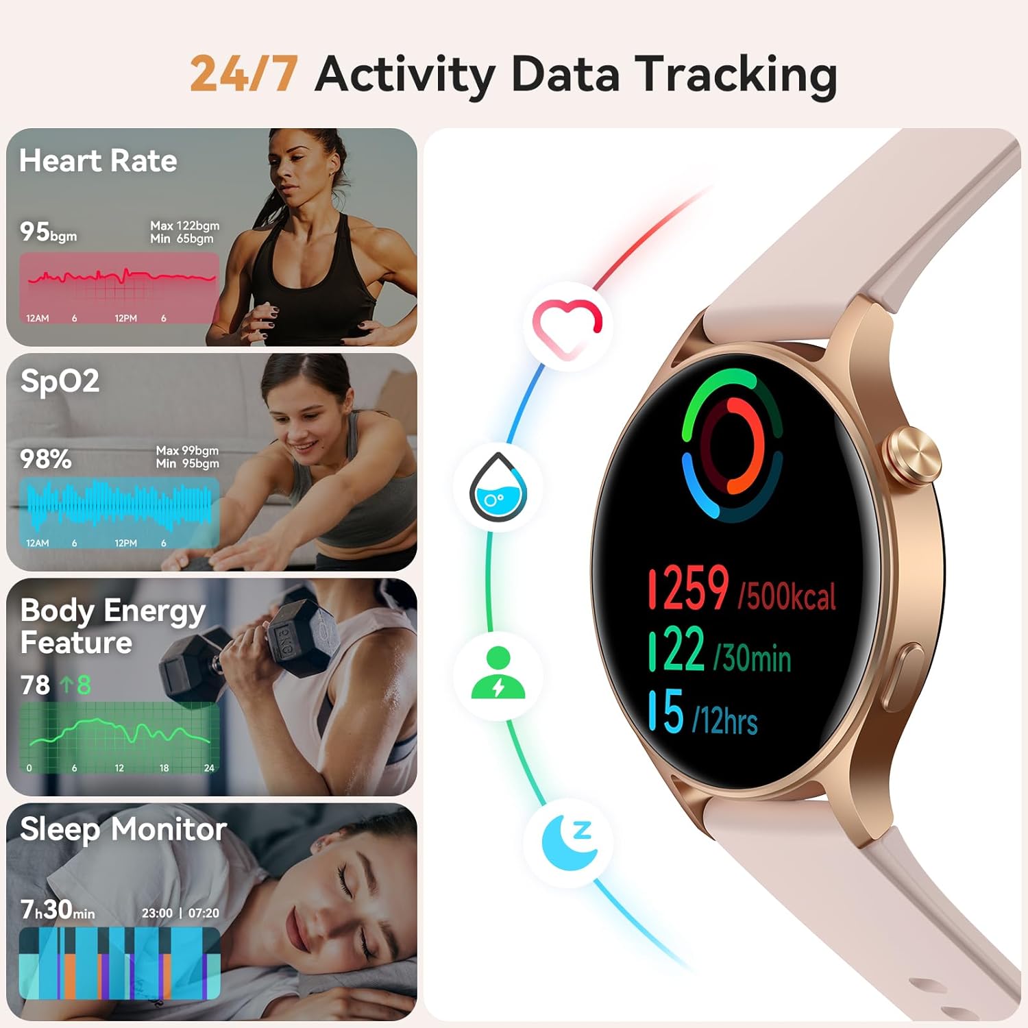 Smart Watch for Women, Answer/Make Call, 1.32'' AMOLED Ultra-Clear Screen Fitness Trackers with Heart Rate/Sleep/SpO2 Monitor, Smartwatch for iPhone/Samsung/Android, 110+ Sport Modes, 3ATM Waterproof Pink