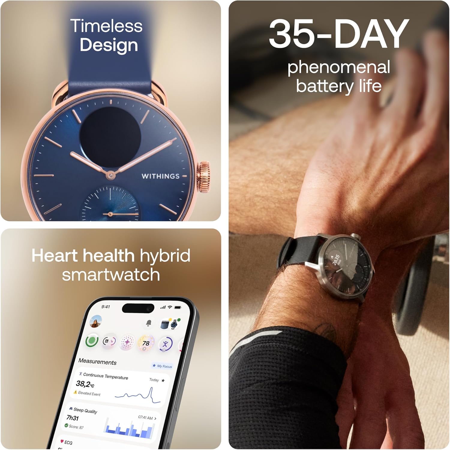 ScanWatch 2, Heart Health Hybrid Smartwatch for Men & Women - ECG, SPO2, Temperature Monitoring, Sleep, Respiratory Health, Cycle Monitoring, 35 day Battery Life, iOS & Android, 38mm, Blue Blue - 38mm SW2 - 38mm