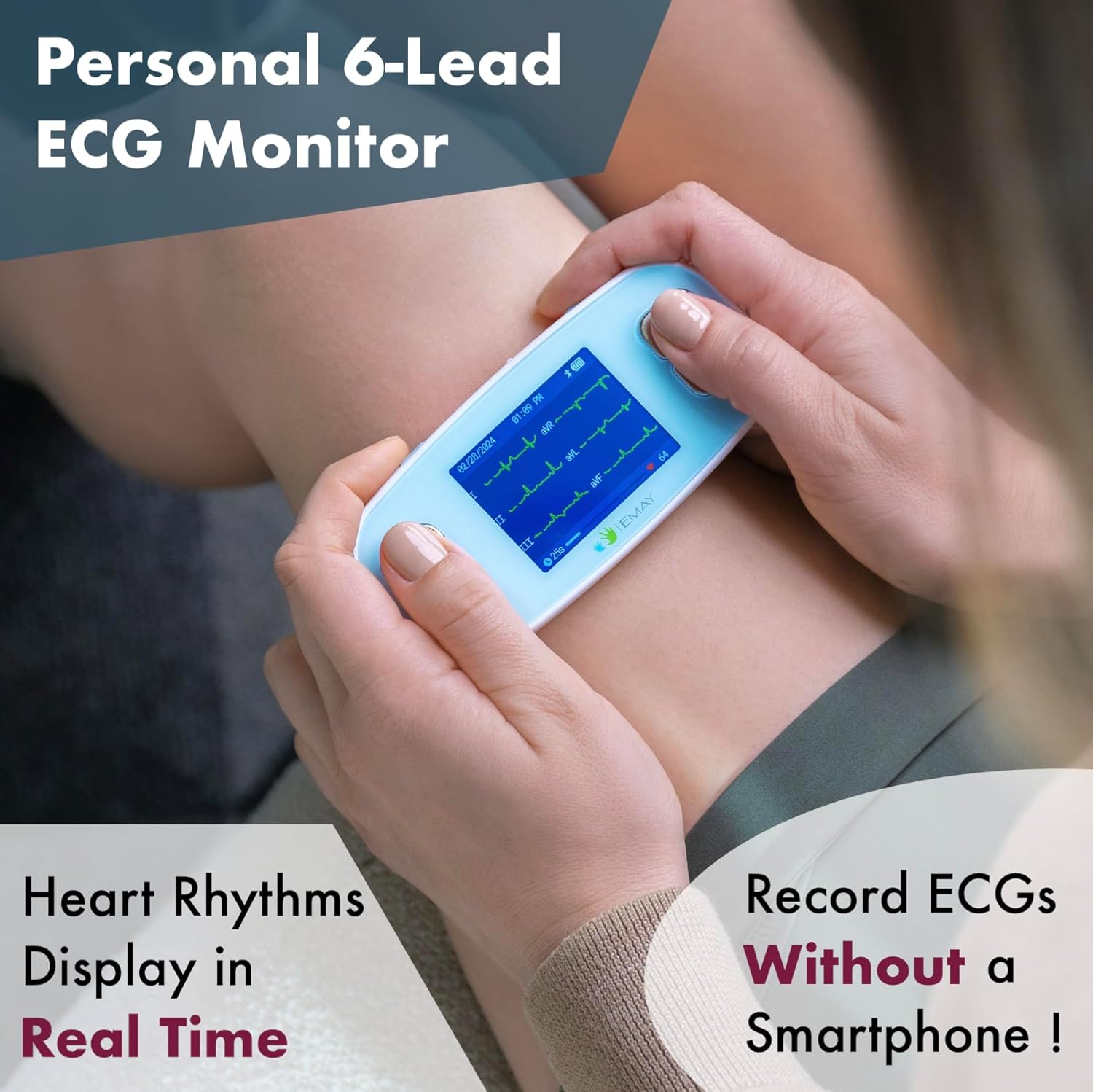 6L Portable ECG Monitor - Record ECG and Heart Rate in 6 Channels - Compatible with Smartphone and PC - No Subscription Required