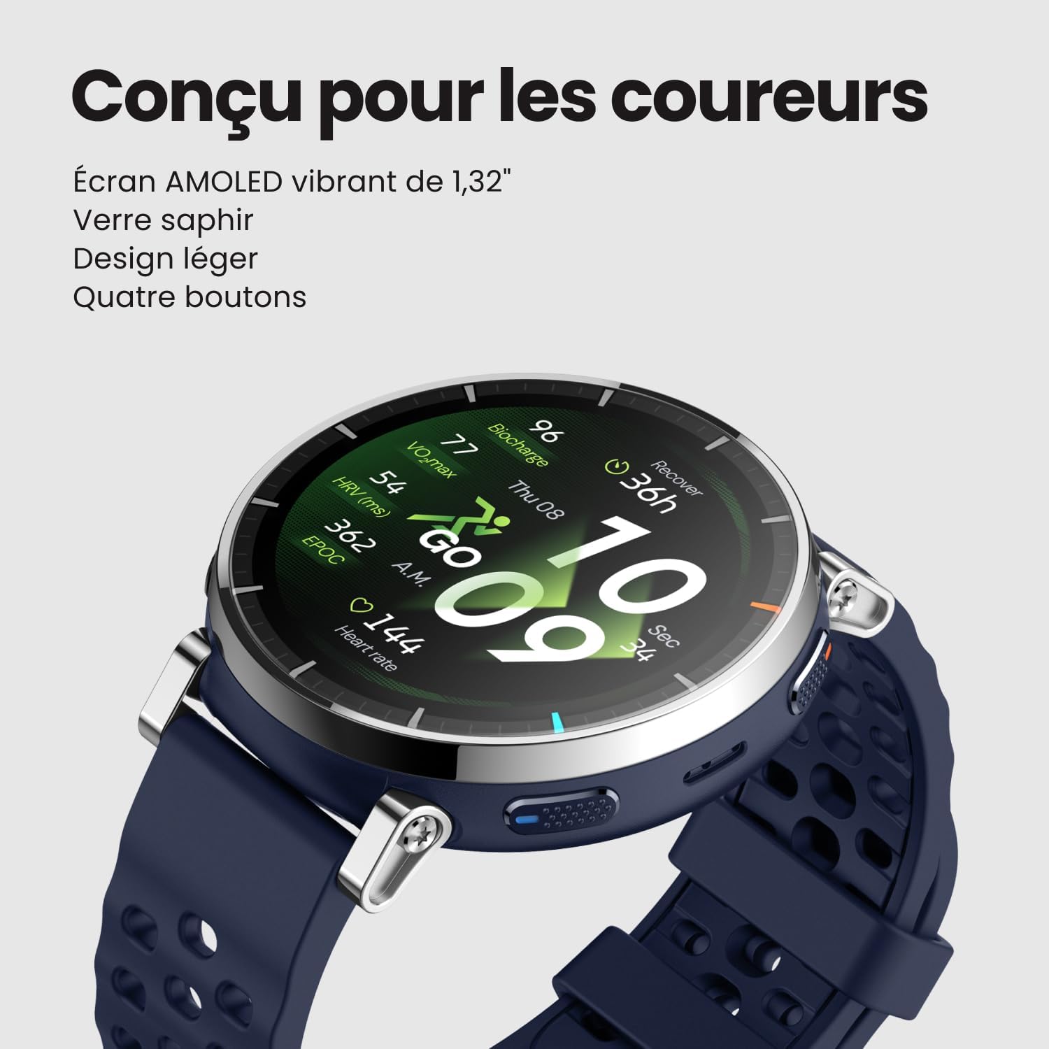 Amazfit Active 3 Premium Montre Connectée GPS pour Running, Écran AMOLED 1,32" en Saphir, Autonomie 12 Jours, 4 Go, NFC, Cartes Hors Ligne, 170+ Modes Sport, 5 ATM, Smartwatch pour Android & iPhone Argent Apex