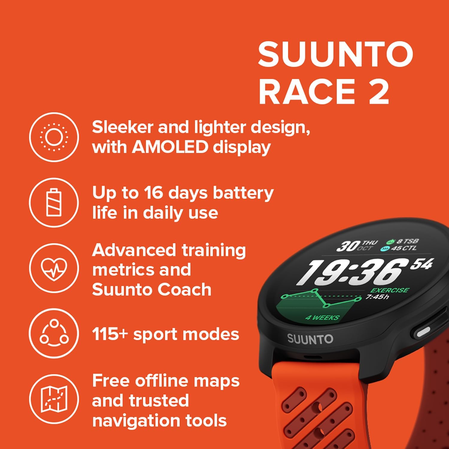 SUUNTO Race 2 GPS Sport Watch, Bright 1.5-inch AMOLED Touchscreen, Sleeker and Lighter Design, 16-Day Battery Life, Offline Maps, Accurate Navigation, 115+ Sport Modes Coral Orange