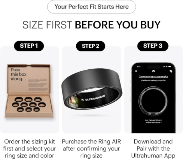 Ring AIR – Smart Ring for Men & Women - Sleep, Heart Rate, HRV, Stress Tracker - Fitness Tracker - No App Subscription - 20+ Workout Modes - Size First with Sizing Kit - 6 Days Battery