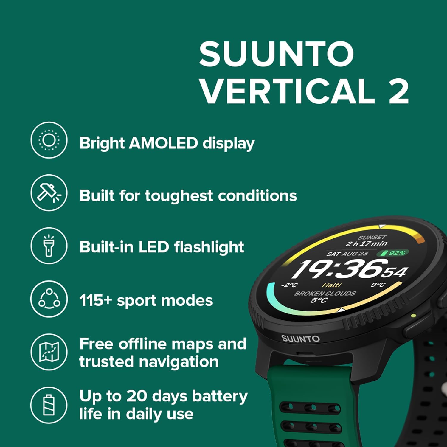 SUUNTO Vertical 2 GPS Sport Watch, Bright AMOLED Touchscreen with Rugged Design, Built-in LED Flashlight, 20-Day Battery Life, Offline Maps, Trusted Navigation, 115+ Sport Modes (Pine Green)
