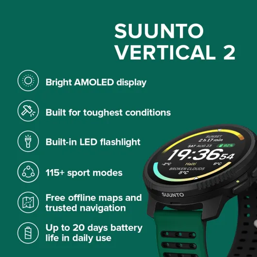SUUNTO Vertical 2 GPS Sport Watch, Bright AMOLED Touchscreen with Rugged Design, Built-in LED Flashlight, 20-Day Battery Life, Offline Maps, Trusted Navigation, 115+ Sport Modes (Pine Green)