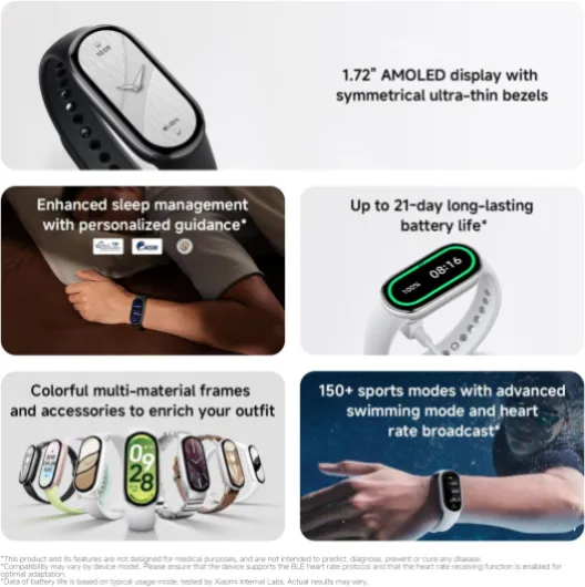 Smart Band 10 Fitness Tracker, 1.72" AMOLED Display, 21Day Battery Life, 150 Sports Modes,Sleep Monitoring, 5ATM Waterproof, Compatible With Android and IOS XIAOMI Band 10 Glacier Silver
