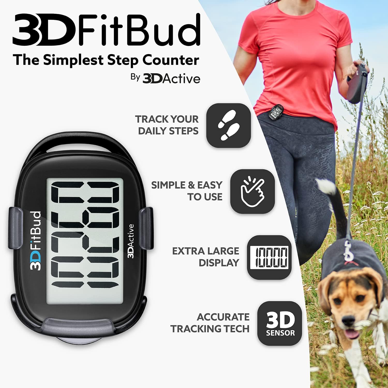 3DFitBud Simple Step Counter Walking 3D Pedometer By 3DActive with Clip & Lanyard Accurate Step Tracker Large Display Easy to Use for Kids Men Women Adult Seniors Daily Step Tracking - A420S One Size Black