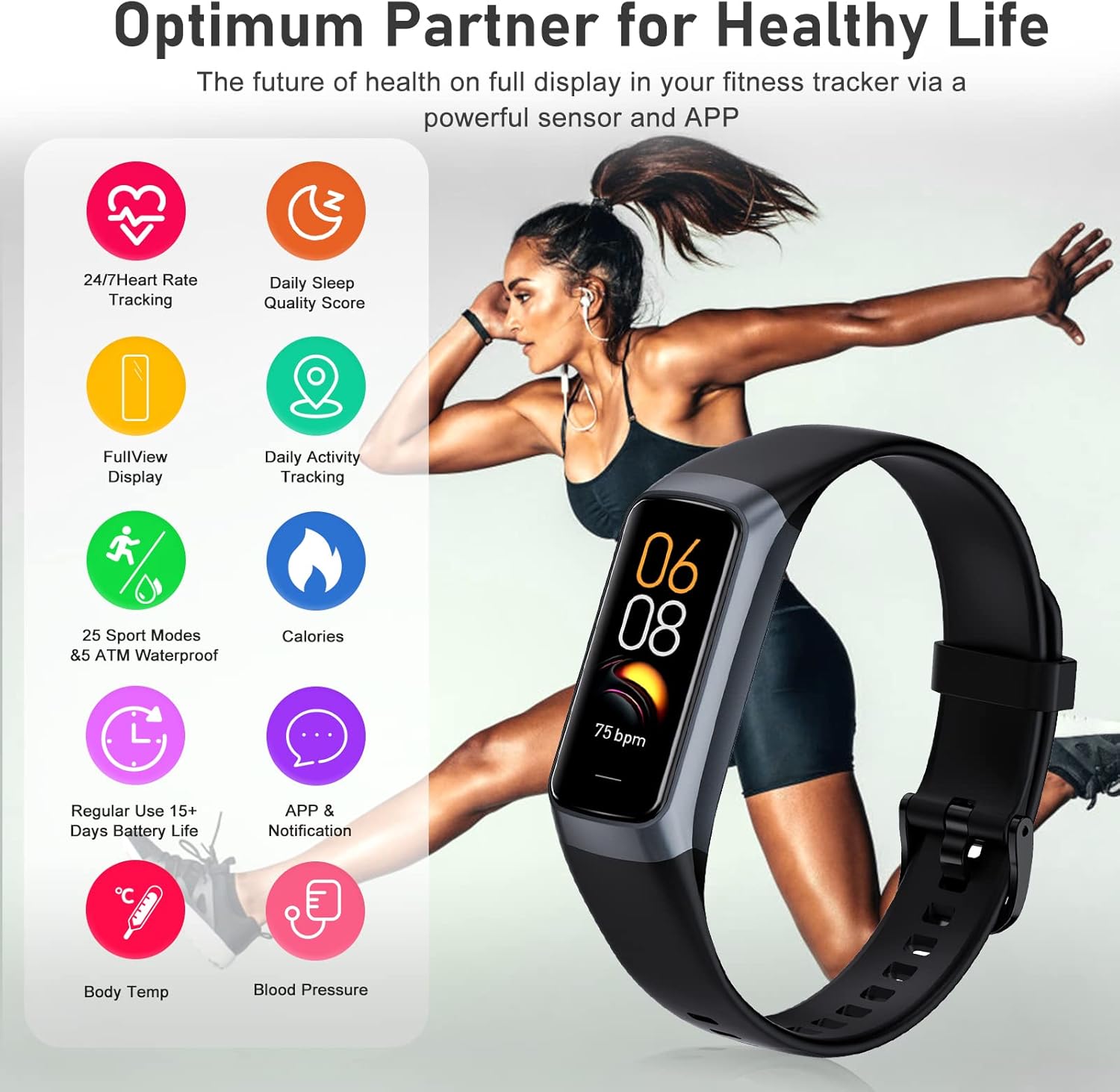 Fitness Tracker with 24/7 Heart Rate, Blood Oxygen Blood Pressure Sleep Monitor, Activity Trackers IP68 Waterproof,Step Counter Calorie Pedometer Health Smart Watch for Women Men (Black)