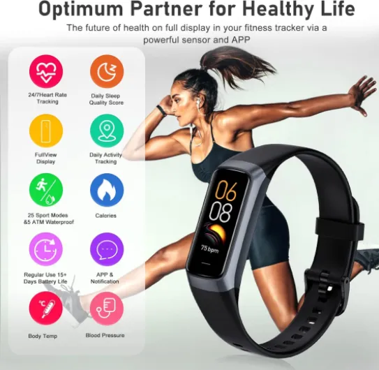 Fitness Tracker with 24/7 Heart Rate, Blood Oxygen Blood Pressure Sleep Monitor, Activity Trackers IP68 Waterproof,Step Counter Calorie Pedometer Health Smart Watch for Women Men (Black)